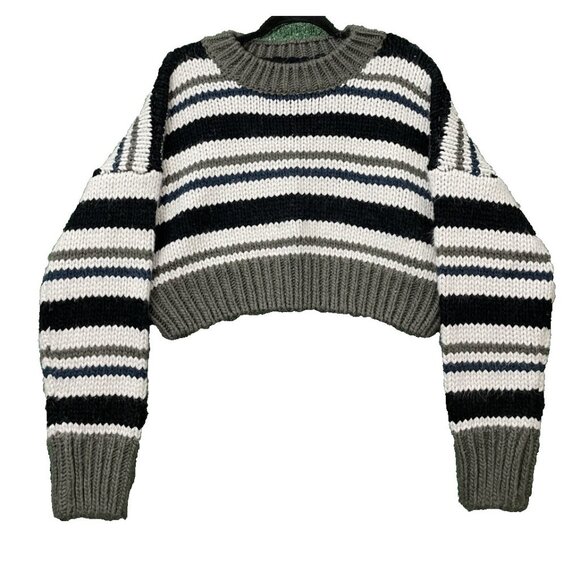 Elan Sweater Crop Top Women's Knitted Stretch Size Large Striped Black White - Picture 1 of 11
